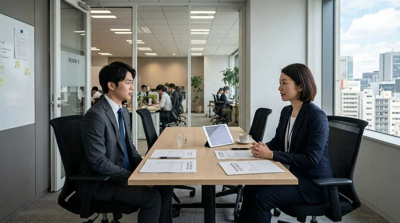 日本企業の人事担当者が退職手続きを丁寧に説明しているシーン